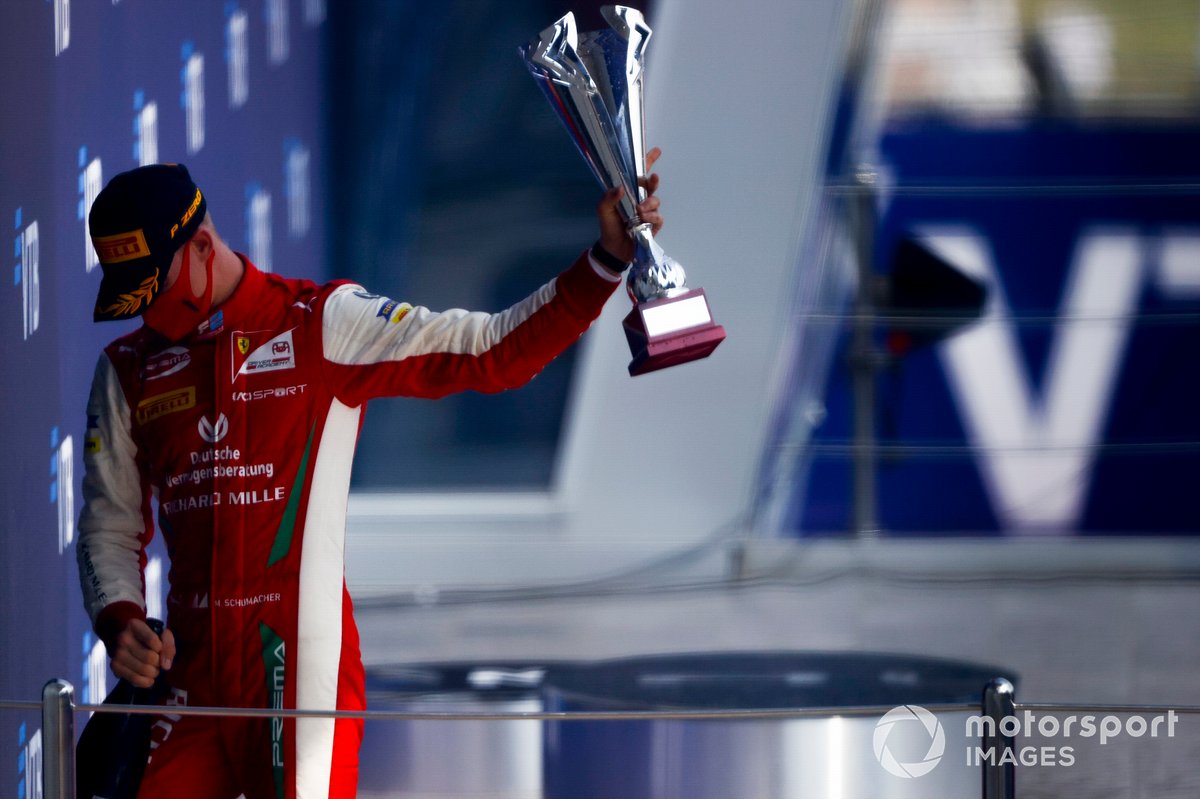 Race Winner Mick Schumacher, Prema Racing celebrates on the podium with the trophy