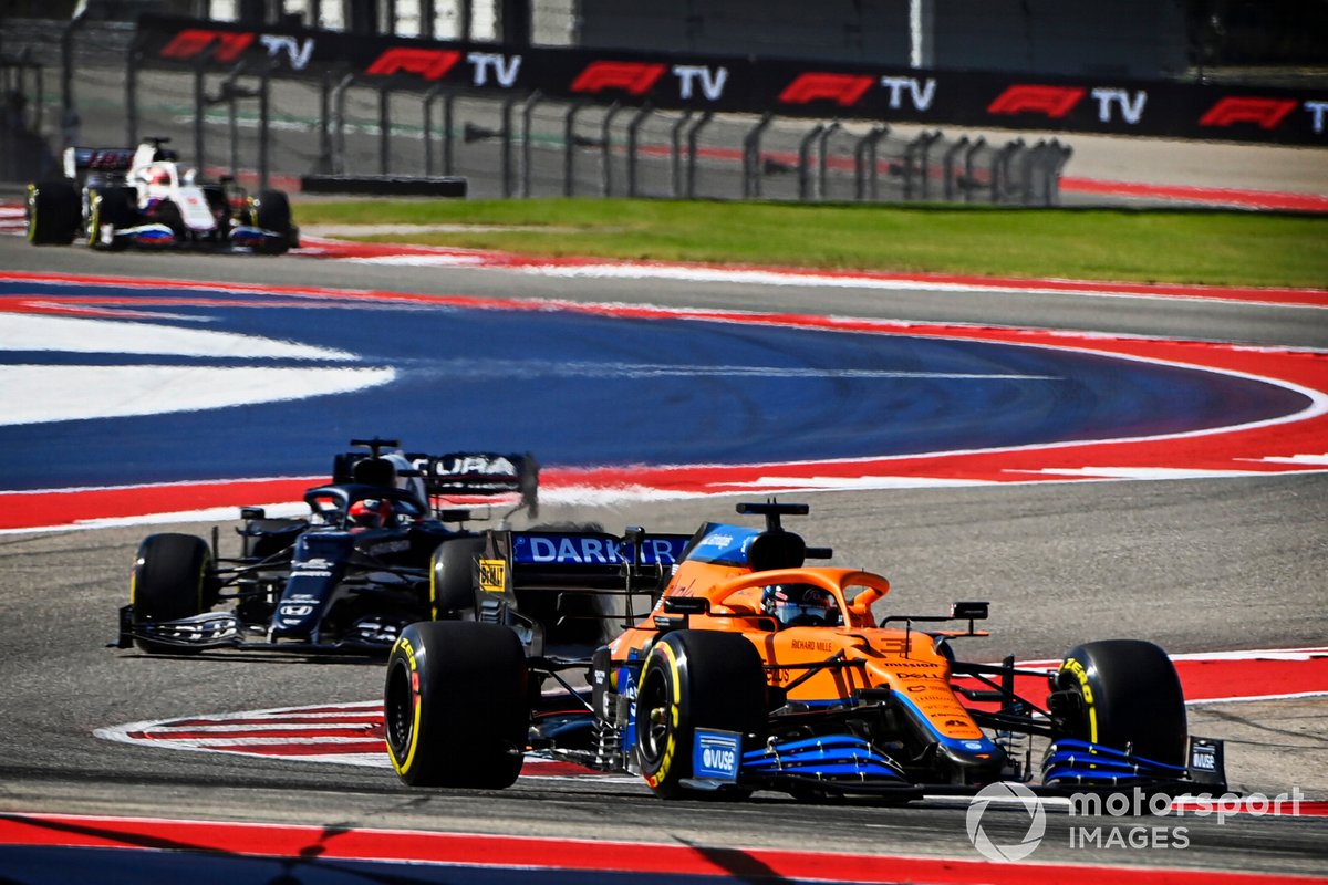 Daniel Ricciardo, McLaren MCL35M, Yuki Tsunoda, AlphaTauri AT02, and Nikita Mazepin, Haas VF-21