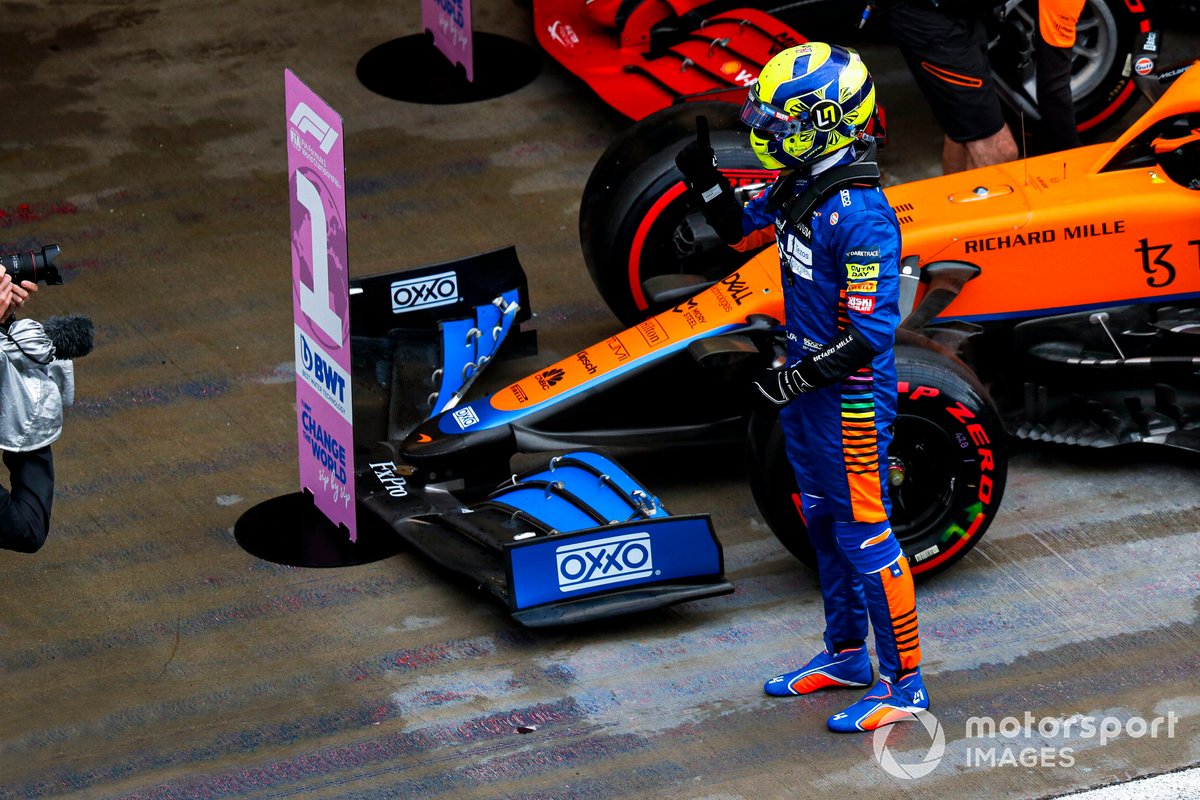 Pole man Lando Norris, McLaren, celebrates in Parc Ferme