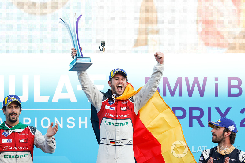 Jean-Eric Vergne, Techeetah, places 3rd, Lucas di Grassi, Audi Sport ABT Schaeffler, places 2nd, Daniel Abt, Audi Sport ABT Schaeffler, wins the Berlin ePrix