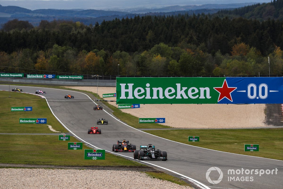 Lewis Hamilton, Mercedes F1 W11, Max Verstappen, Red Bull Racing RB16, Charles Leclerc, Ferrari SF1000, and Daniel Ricciardo, Renault F1 Team R.S.20