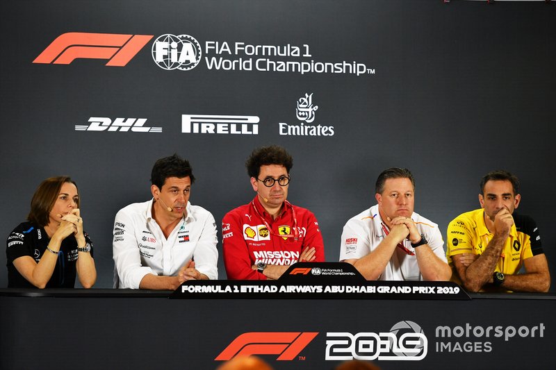 Claire Williams, Deputy Team Principal, Williams Racing, Toto Wolff, Executive Director (Business), Mercedes AMG, Mattia Binotto, Team Principal Ferrari, Zak Brown, Executive Director, McLaren, and Cyril Abiteboul, Managing Director, Renault F1 Team