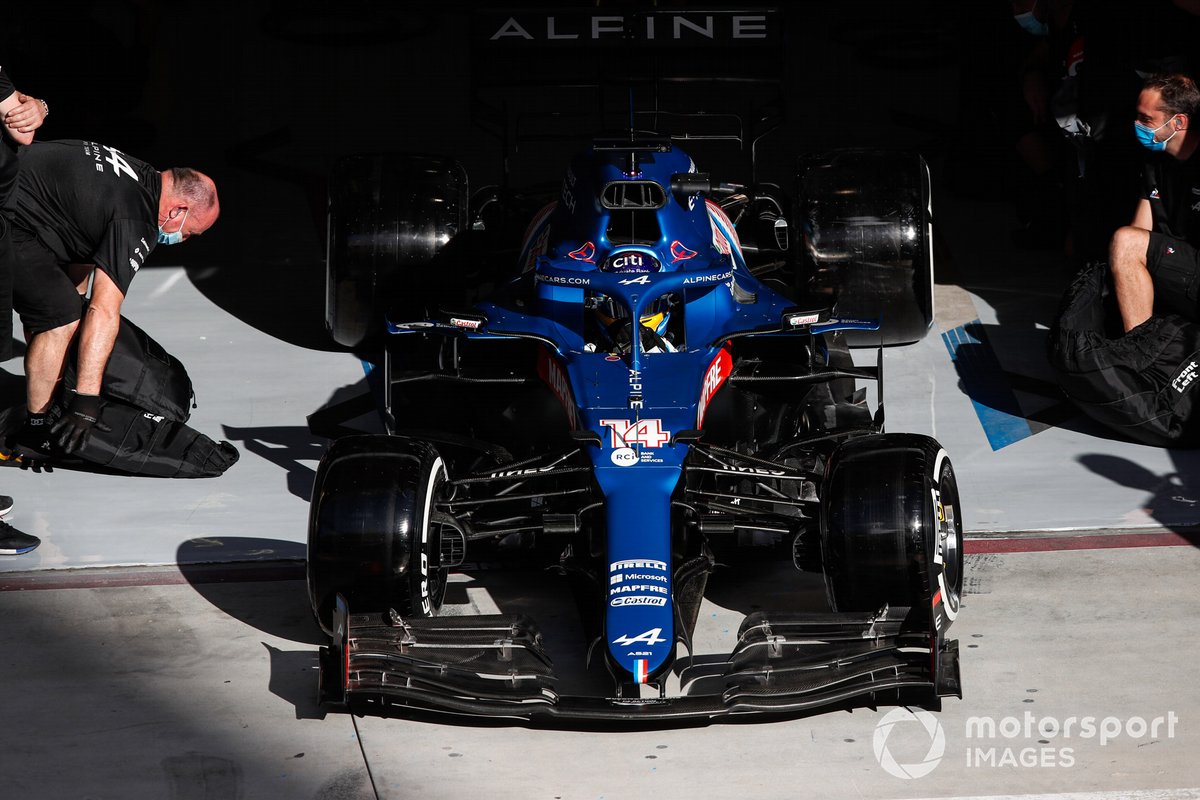 Fernando Alonso, Alpine A521, leaves the garage