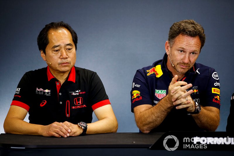 Toyoharu Tanabe, F1 Technical Director, Honda, and Christian Horner, Team Principal, Red Bull Racing, in the team principals Press Conference