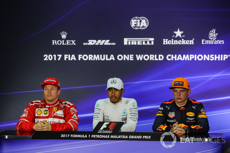 Kimi Raikkonen, Ferrari, Lewis Hamilton, Mercedes AMG F1 and Max Verstappen, Red Bull Racing in the Press Conference