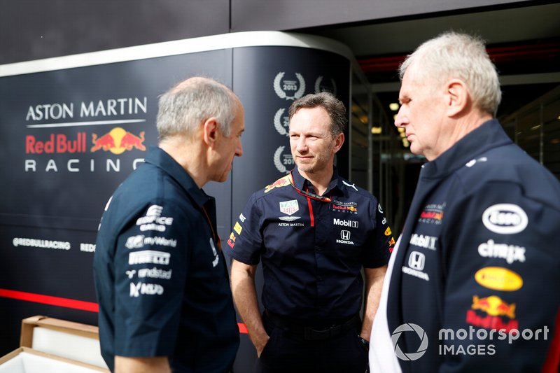 Franz Tost, Team Principal, AlphaTauri, Christian Horner, Team Principal, Red Bull Racing, and Helmut Marko, Consultant, Red Bull Racing, in the paddock