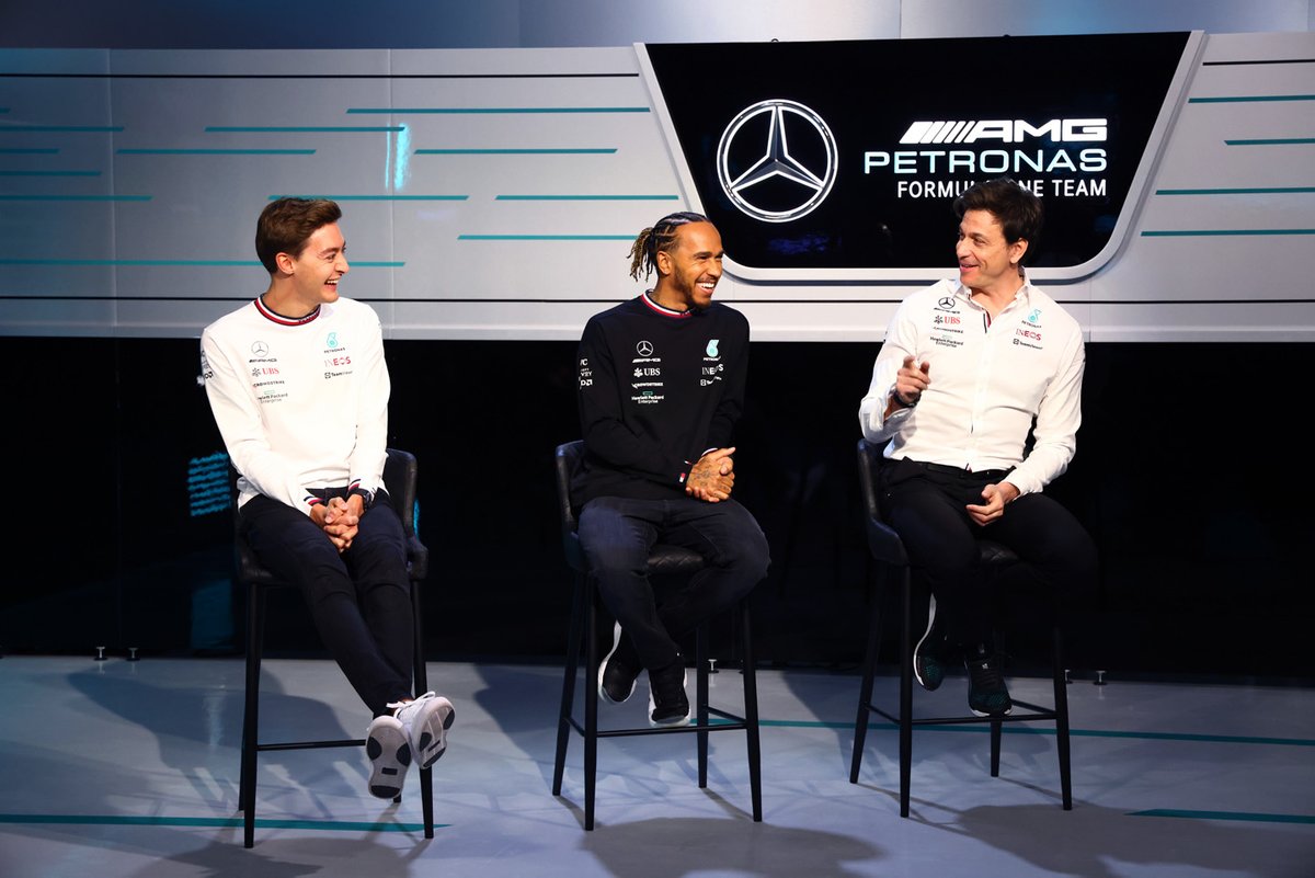 Hamilton was in upbeat mood at the Mercedes W13 launch as he joined boss Wolff and new team-mate George Russell