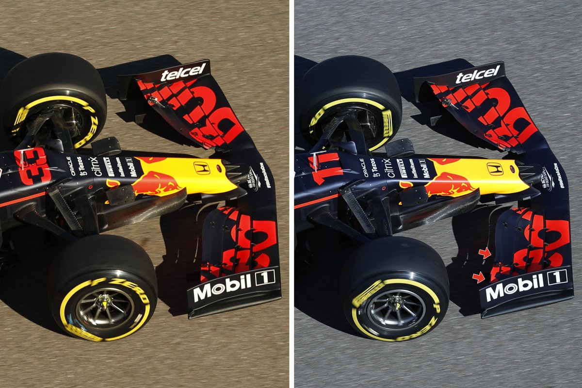Comparación del alerón delantero del Red Bull RB16B