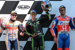 Il poleman Johann Zarco, Monster Yamaha Tech 3, il secondo classificato Marc Marquez, Repsol Honda Team, il terzo classificato Danilo Petrucci, Pramac Racing
