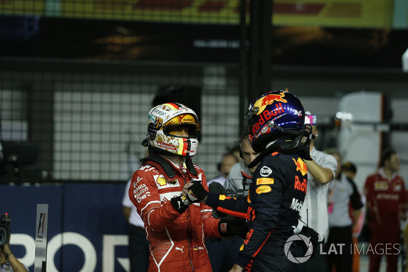 Pole sitter Sebastian Vettel, Ferrari celebrates in parc ferme, Max Verstappen, Red Bull Racing