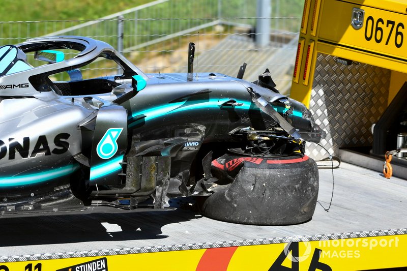 The damaged car of Valtteri Bottas, Mercedes AMG W10