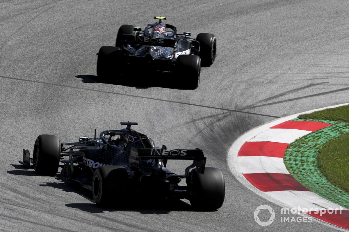Valtteri Bottas, Mercedes F1 W11 EQ Performance, leads Lewis Hamilton, Mercedes F1 W11 EQ Performance