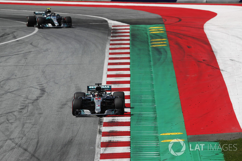 Lewis Hamilton, Mercedes AMG F1 W09, leads Valtteri Bottas, Mercedes AMG F1 W09