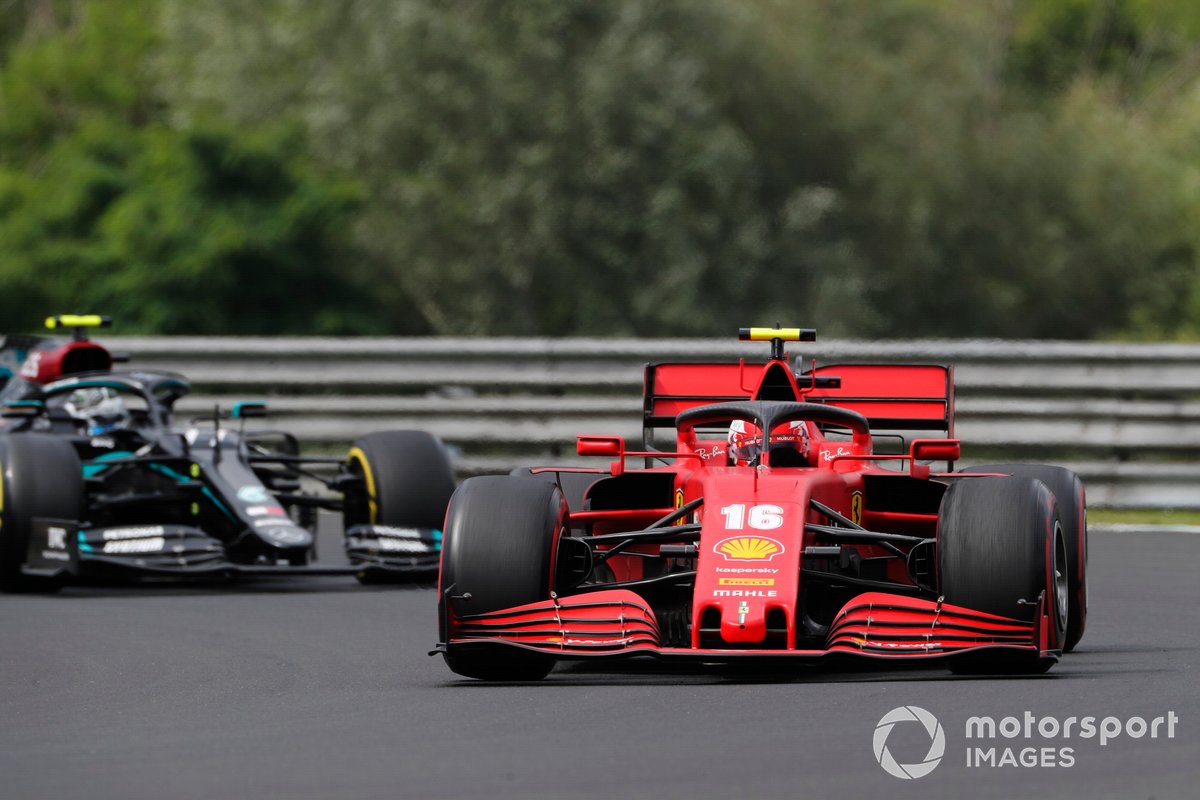 Charles Leclerc, Ferrari SF1000, leads Valtteri Bottas, Mercedes F1 W11