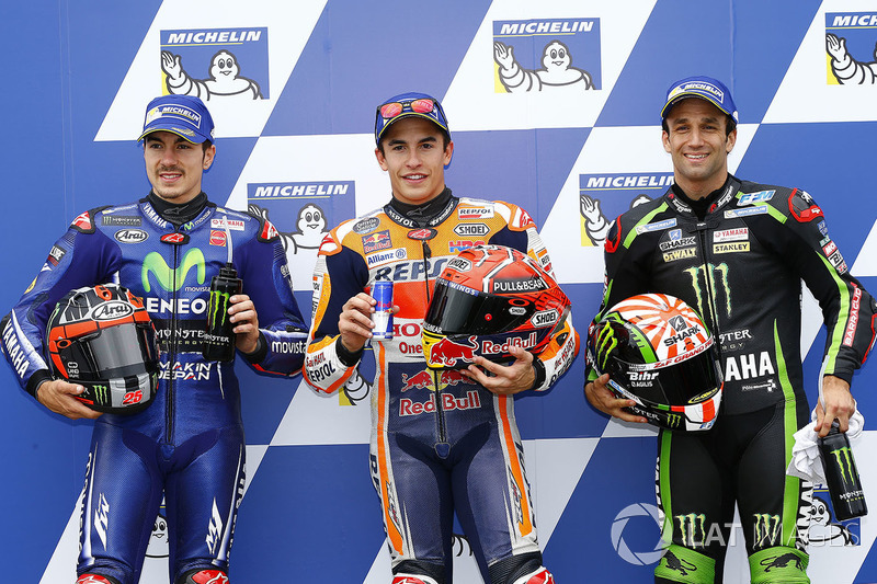 Il poleman Marc Marquez, Repsol Honda Team, il secondo qualificato Maverick Viñales, Yamaha Factory Racing, il terzo qualificato Johann Zarco, Monster Yamaha Tech 3