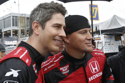 Arie Luyendyk Jr. and Channing Tatum prepare for their pre-race ride in the Honda Fastest seat in Sports 2-seat IndyCar