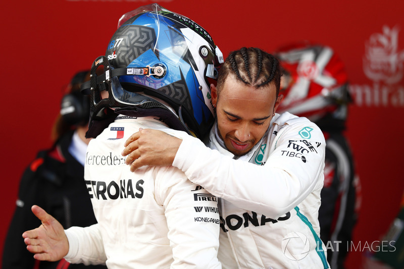 Valtteri Bottas, Mercedes AMG F1, 2nd position, Lewis Hamilton, Mercedes AMG F1, 1st position, congratulate each other in Parc Ferme