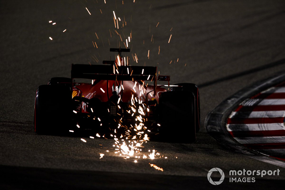 Sparks fly from Sebastian Vettel, Ferrari SF1000