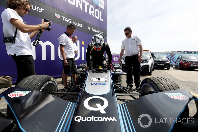 Jon Olsson, Alpine ski racer, prepares to go on track with the Formula E track car