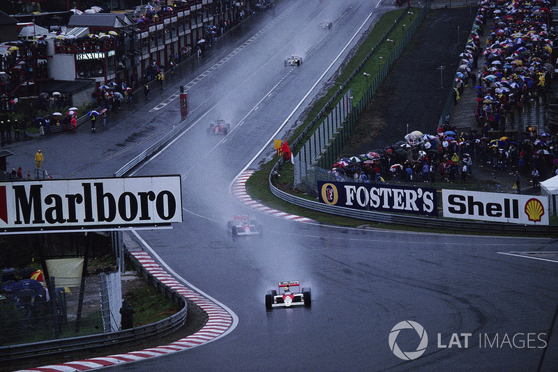 Ayrton Senna, McLaren MP4-5 Honda, leads teammate Alain Prost at Eau Rouge