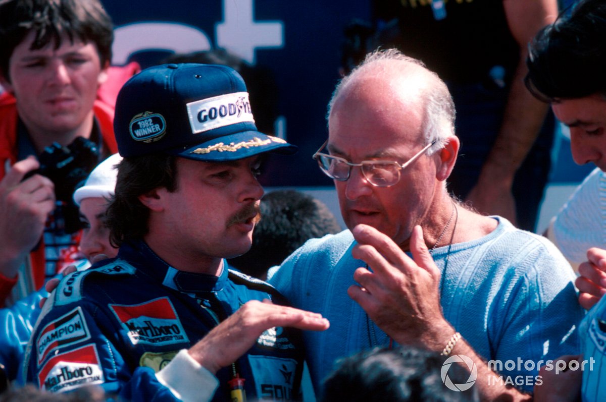 First time race winner Keke Rosberg Williams talks with BBC TV commentator Murray Walker