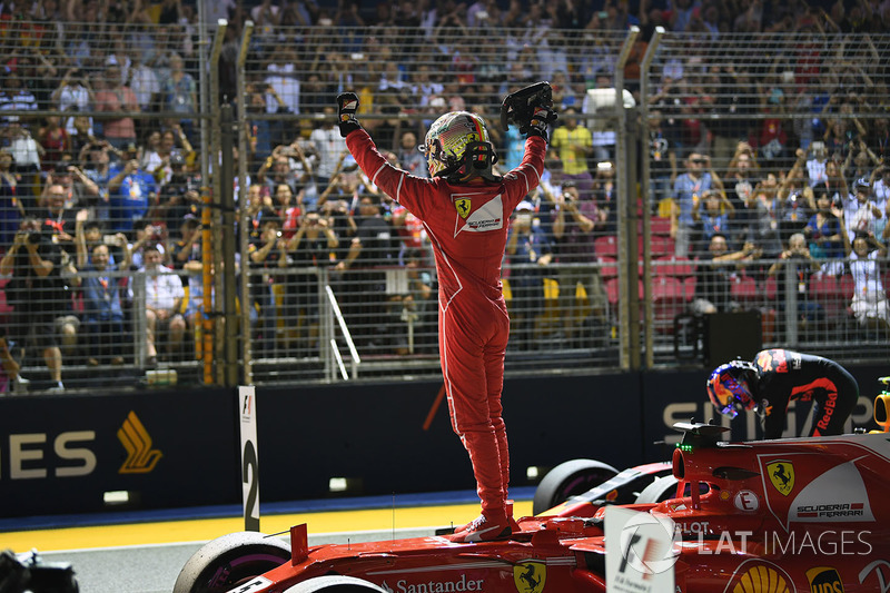 Pole sitter Sebastian Vettel, Ferrari SF70H celebrates in parc ferme