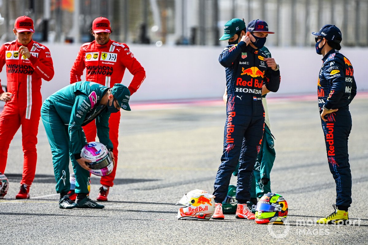 Sebastian Vettel, Aston Martin, Max Verstappen, Red Bull Racing, and Sergio Perez, Red Bull Racing