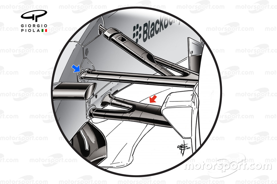 Detalle de la suspensión delantera del Mercedes W05.