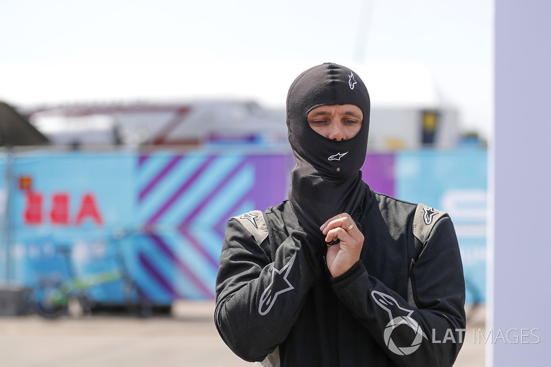 Jon Olsson, Alpine ski racer, prepares to go on track with the Formula E track car