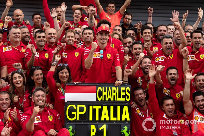 Race winner Charles Leclerc, Ferrari poses for a photograph with his Ferrari team