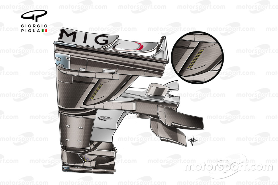Mercedes W03 underside of the front wing, note the slot which is used to 'stall' the wing when the D
