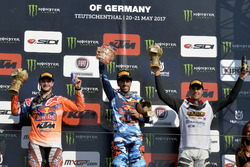 Il podio della classe MXGP: Jeffrey Herlings, Antonio Cairoli e Gautier Paulin