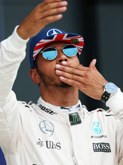 Lewis Hamilton Mercedes AMG F1 celebrates his pole position in parc ferme