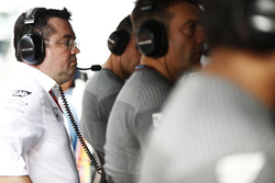 Eric Boullier, Racing Director, McLaren, on the pit gantry