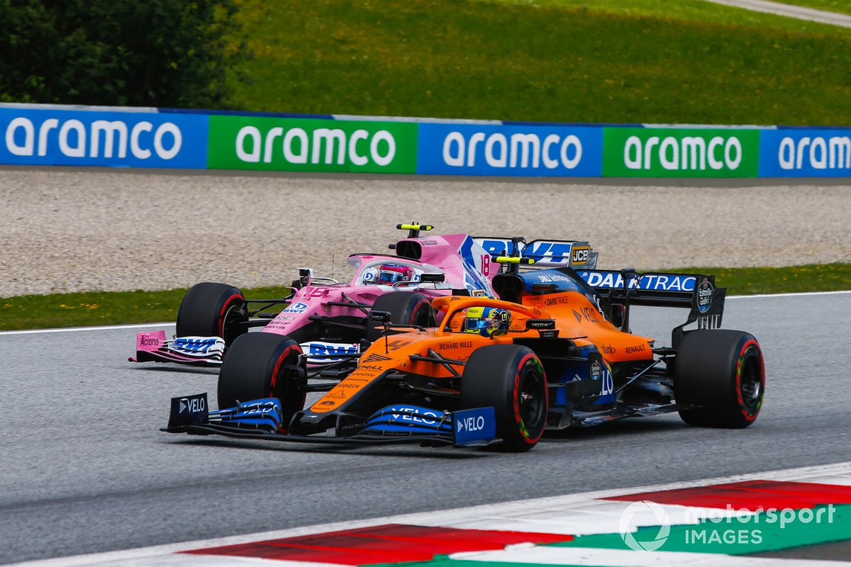 Lando Norris, McLaren MCL35, devant Lance Stroll, Racing Point RP20