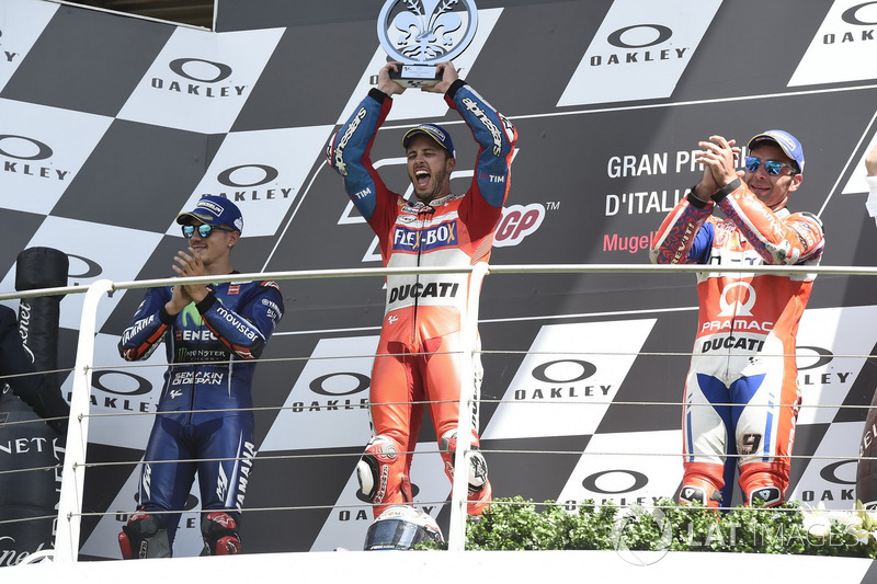 Podium: second place Maverick Viñales, Yamaha Factory Racing, Race winner Andrea Dovizioso, Ducati Team, third place Danilo Petrucci, Pramac Racing