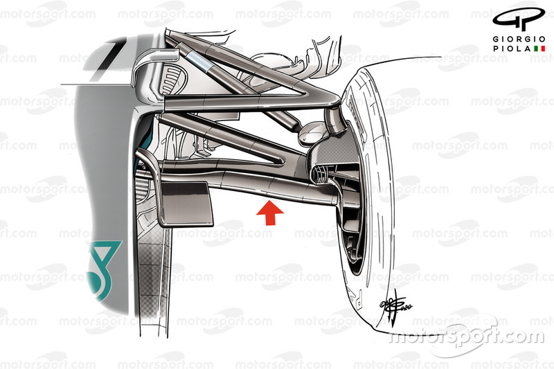 Mercedes AMG F1 W11, dettaglio della sospensione anteriore rialzata