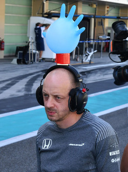 McLaren mechanic with novelty hat