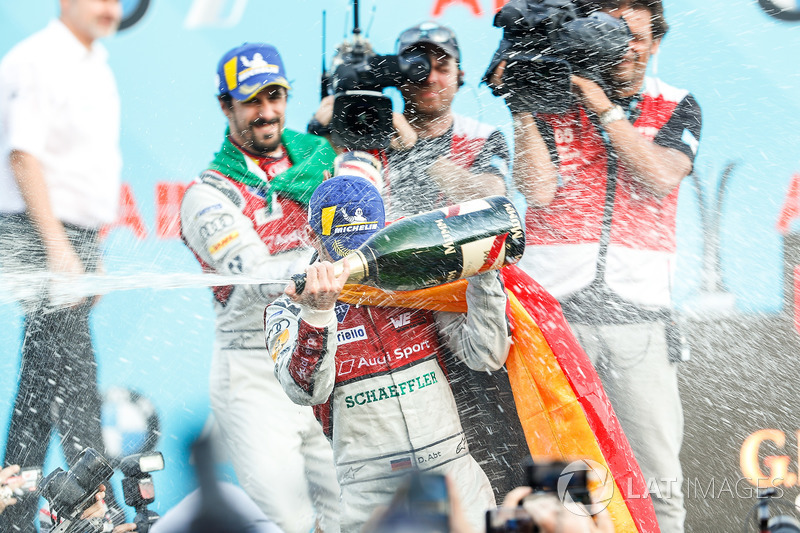 Jean-Eric Vergne, Techeetah, places 3rd, Lucas di Grassi, Audi Sport ABT Schaeffler, places 2nd, Daniel Abt, Audi Sport ABT Schaeffler, wins the Berlin ePrix