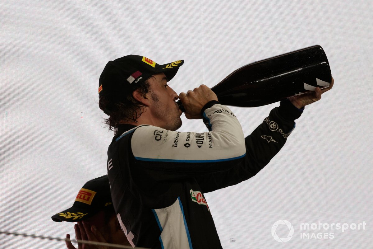 Fernando Alonso, Alpine F1, 3rd position, drinks Rose Water on the podium