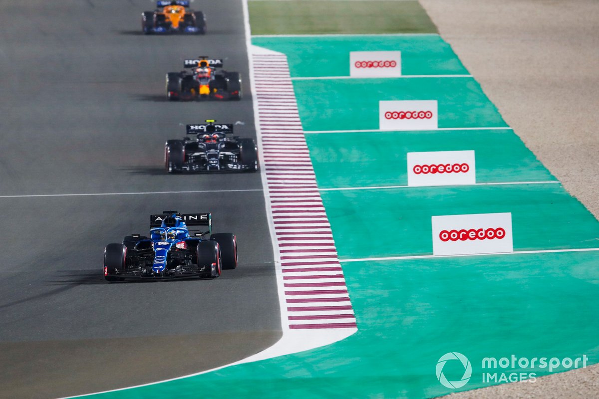 Fernando Alonso, Alpine A521, Pierre Gasly, AlphaTauri AT02, Max Verstappen, Red Bull Racing RB16B, and Lando Norris, McLaren MCL35M