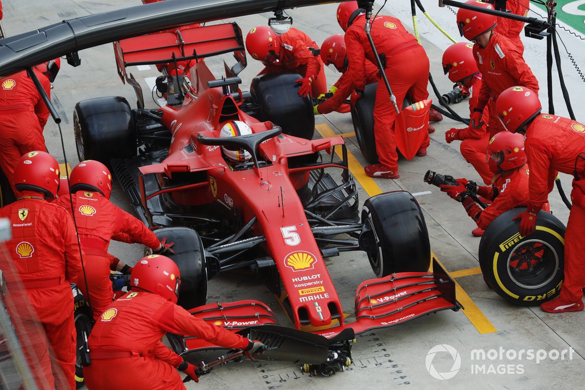 Sebastian Vettel, Ferrari SF1000, makes a stop