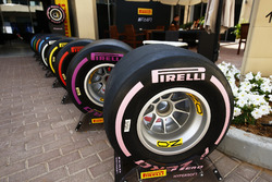 The new 2018 range of Pirelli F1 tyres, the pink Hypersoft tyre at the front