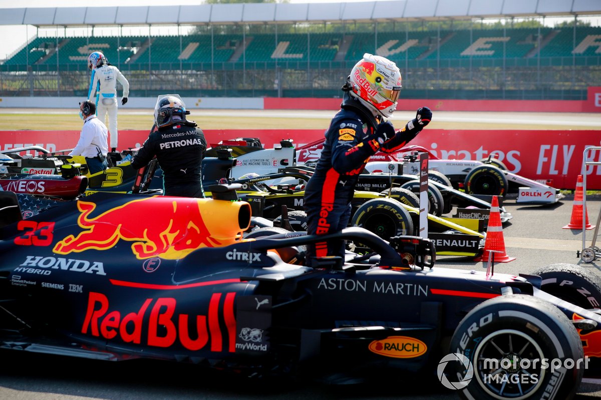 Race winner Max Verstappen, Red Bull Racing RB16, celebrates on arrival in Parc Ferme