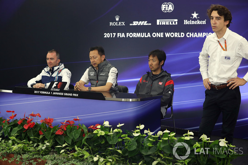 Paddy Lowe, Williams Shareholder and Technical Director, Yusuke Hasegawa, Head of Honda Motorsport and Ayao Komatsu, Haas F1 Engineer in the Press Conference