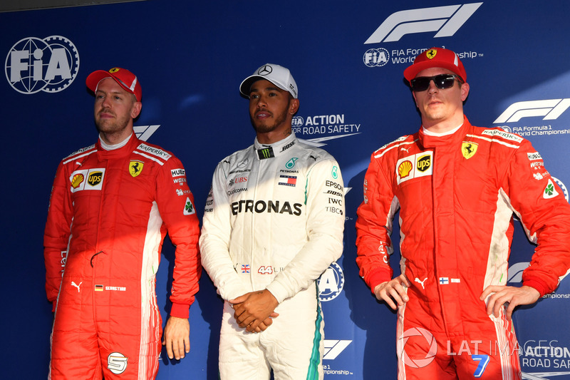 3. Sebastian Vettel, Ferrari, Pole pozisyonu galibi Lewis Hamilton, Mercedes-AMG F1 ve 2. Kimi Raikkonen, Ferrari