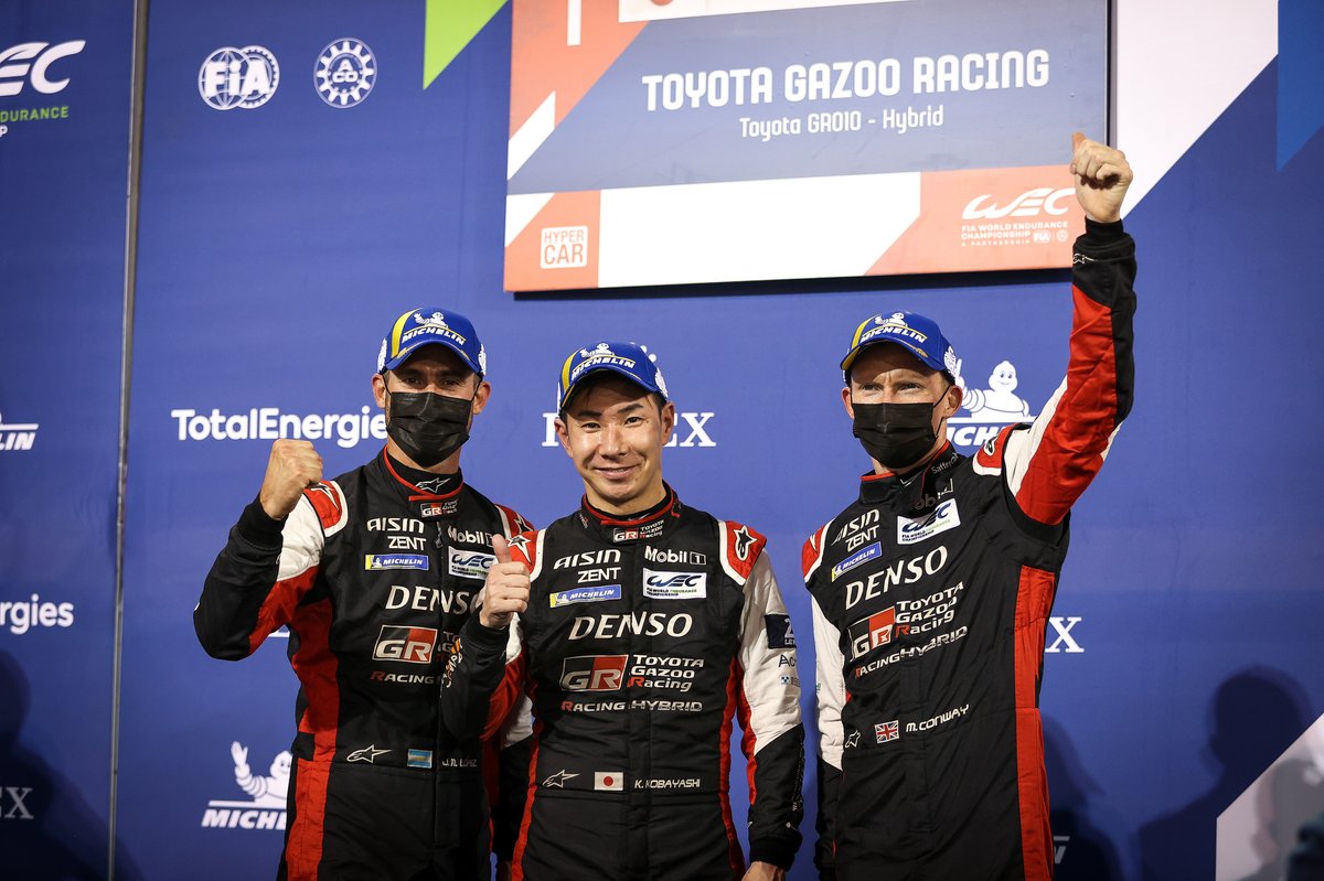 Podium: Race winner #7 Toyota Gazoo Racing Toyota GR010 - Hybrid: Mike Conway, Kamui Kobayashi, Jose Maria Lopez