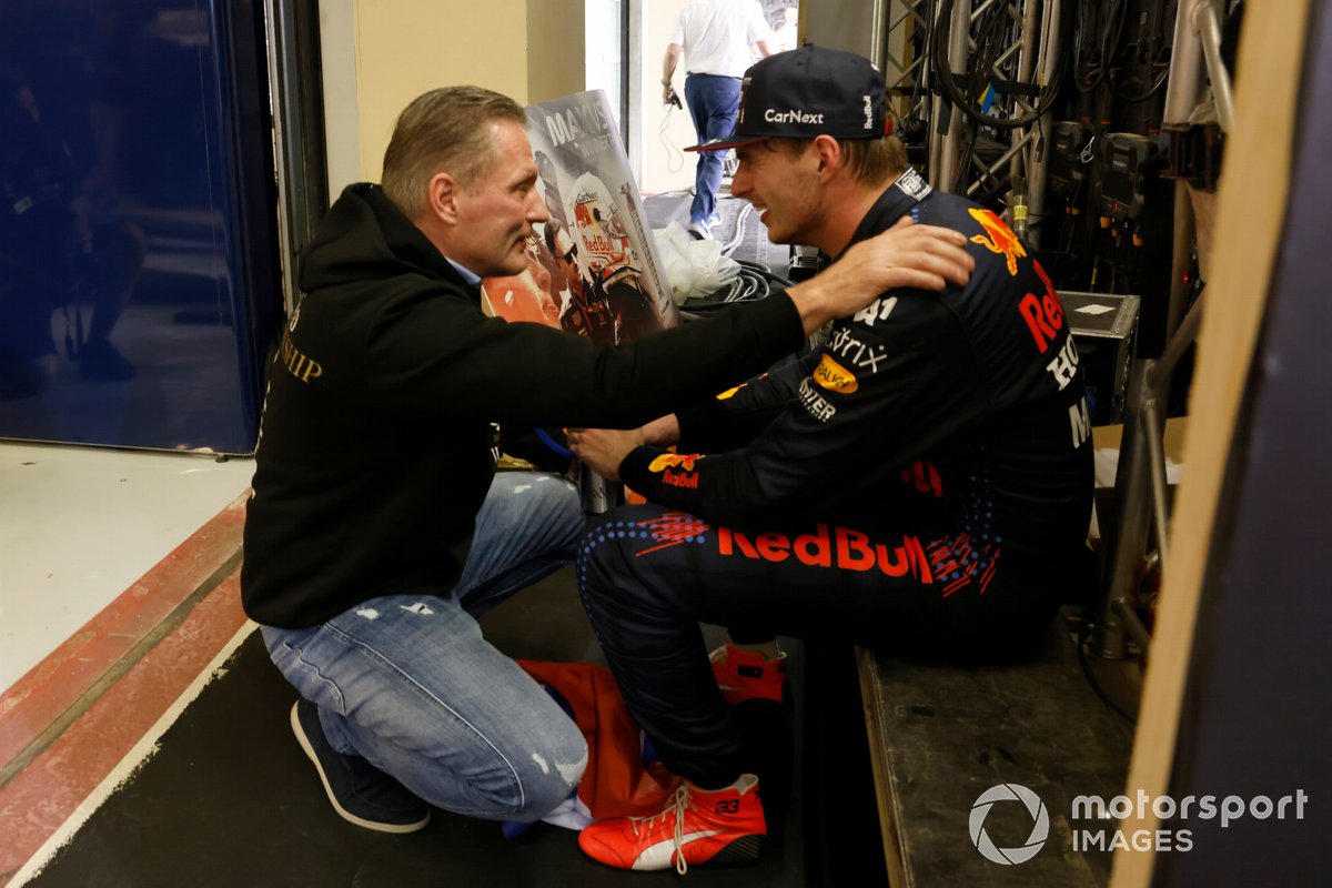 Max Verstappen, Red Bull Racing, 1st position, with his father Jos Verstappen in Parc Ferme