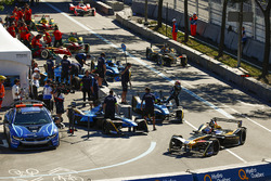Sébastien Buemi, Renault e.Dams, climbs from his car during a pit stop