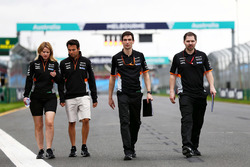 Sergio Perez, Sahara Force India F1 walks the circuit with Bernadette Collins, Sahara Force India F1 Team Performance and Strategy Engineer and Tim Wright, Sahara Force India F1 Team Race Engineer